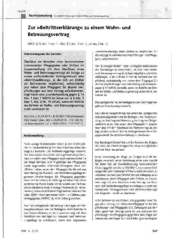 Vorschauseite 1: Zur »Beitrittserklärung« zu einem Wohnund BetreuungsvertragWBVG § 14 Abs. 1 Satz 1; UKLaC § 2 Abs. 1 Satz 1 und Abs. 2 Nr. 10