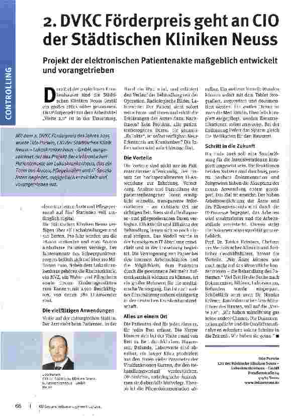 Vorschauseite 1: 2. DVKC Förderpreis geht an CIO der Städtischen Kliniken Neuss