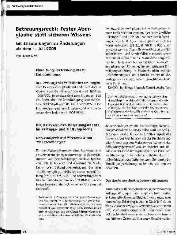 Vorschauseite 1: Betreuungsrecht: Fester Aberglaube statt sicheren Wissens. Mit Erläuterungen zu Änderungen ab dem 1. Juli 2005