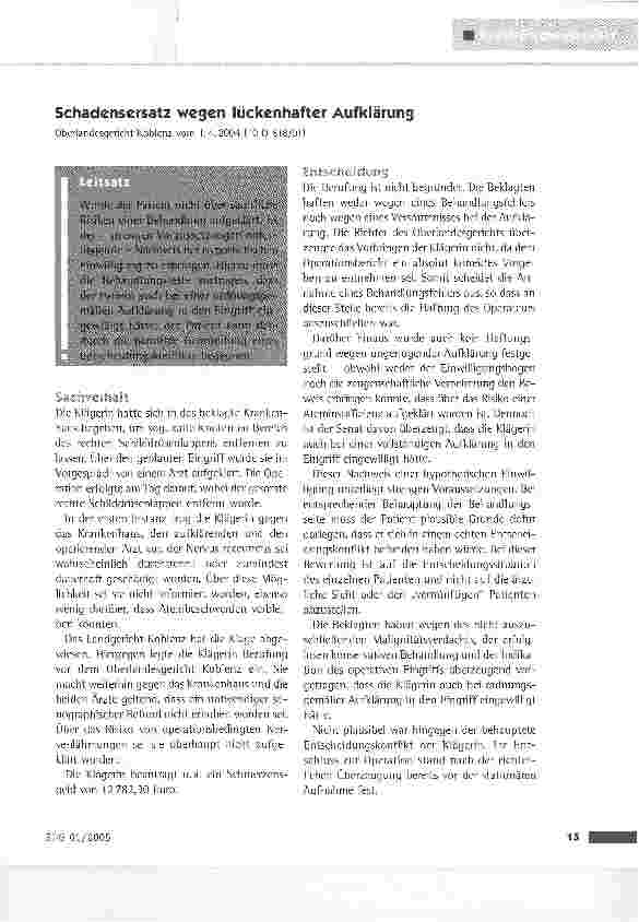 Vorschauseite 1: Schadensersatz wegen lückenhafter AufklärungOberlandesgericht Koblenz vom 1.4.2004 (10 0 618/01)