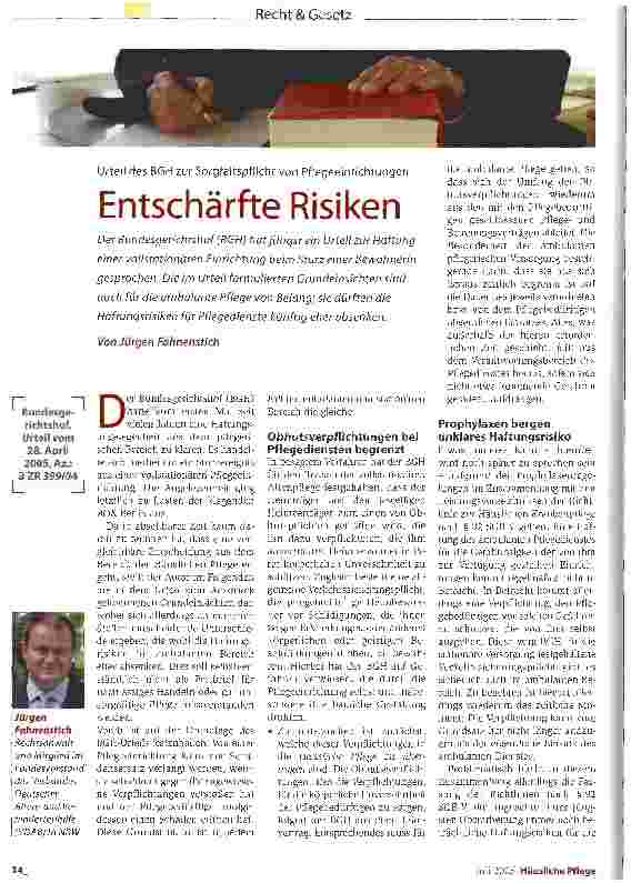 Vorschauseite 1: Entschärfte RisikenUrteil des BGH zur Sorgfaltspflicht von Pflegeeinrichtungen