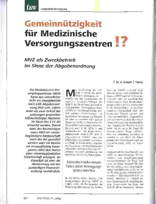Vorschauseite 1: Gemeinnützigkeit für Medizinische VersorgungszentrenMVZ als Zweckbetriebim Sinne der Abgabenordnung