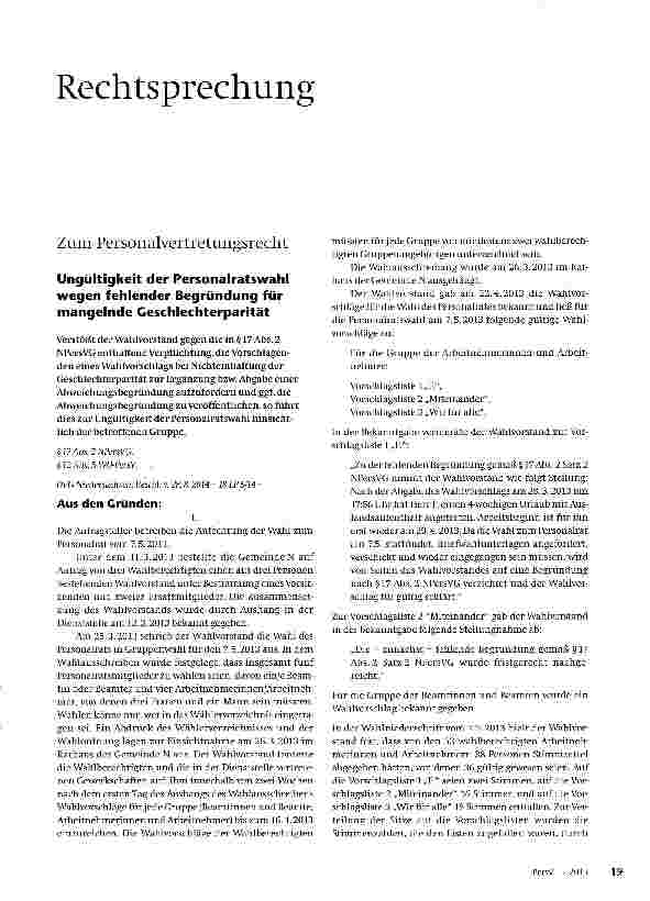 Vorschauseite 1: Ungültigkeit der Personalratswahl wegen fehlender Begründung für mangelnde Geschlechterparität