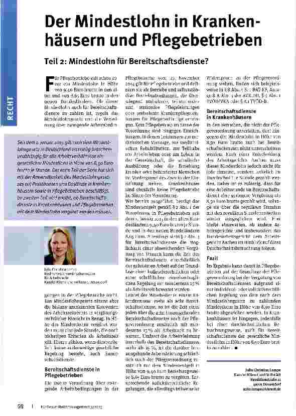 Vorschauseite 1: Der Mindestlohn in Kranken-häusern und Pflegebetrieben Teil 2: Mindestlohn für Bereitschaftsdienste?