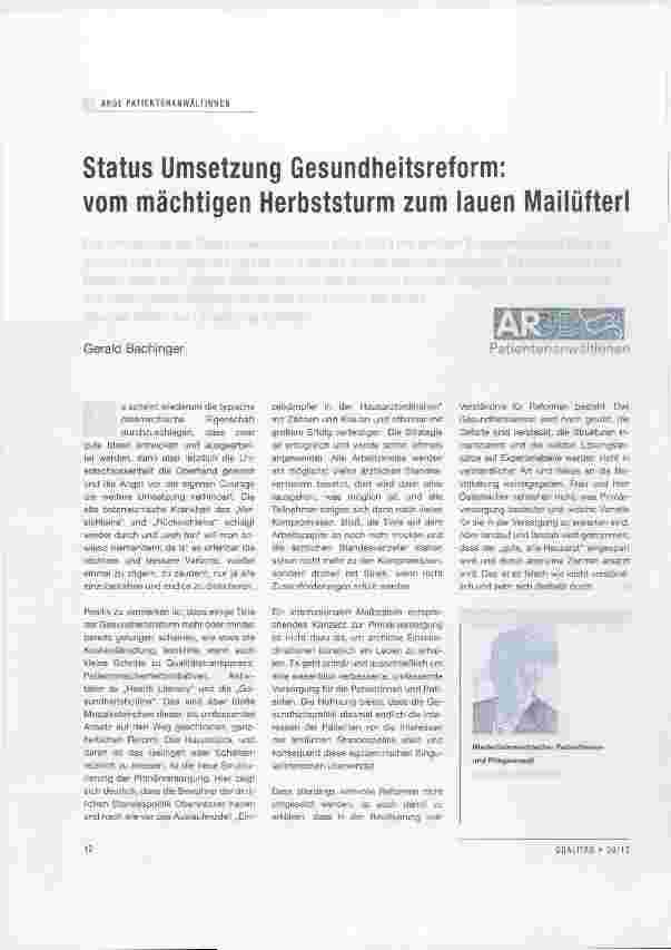Vorschauseite 1: Status Umsetzung Gesundheitsreform;vom mächtigen Herbststurm zum lauen Mailüfterl
