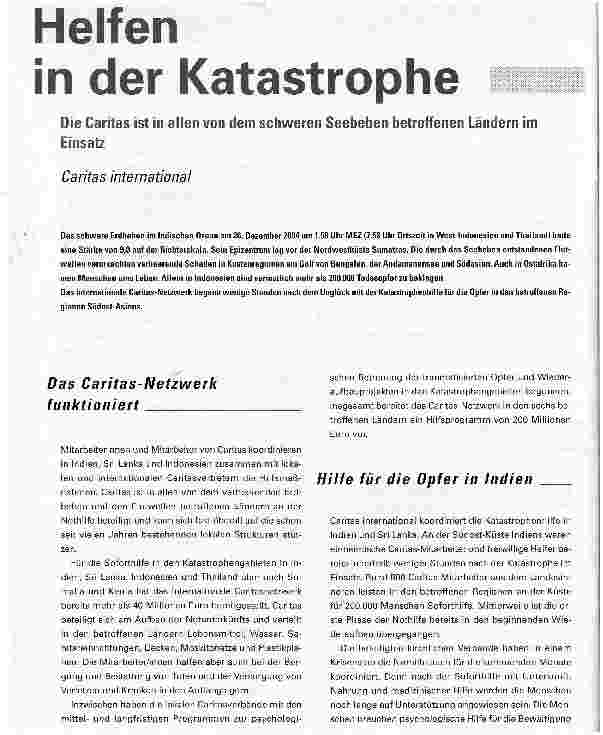Vorschauseite 1: Helfen in der Katastrophe. Die Caritas ist in allen von dem schweren Seebeben betroffenen Ländern im Einsatz