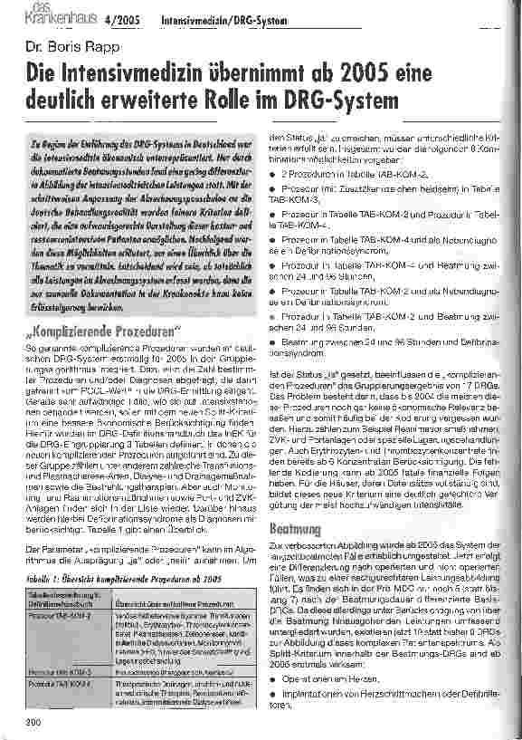 Vorschauseite 1: Die Intensivmedizin übernimmt ab 2005 eine deutlich erweiterte Rolle im DRG-System