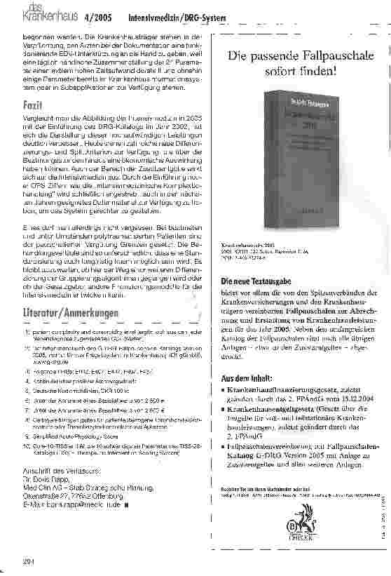 Vorschauseite 5: Die Intensivmedizin übernimmt ab 2005 eine deutlich erweiterte Rolle im DRG-System