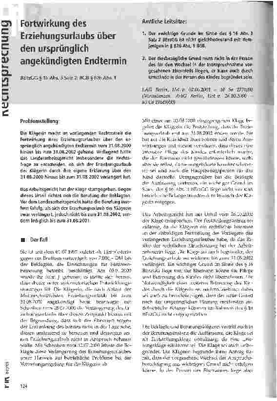 Vorschauseite 1: Fortwirkung des Erziehungsurlaubs über den ursprünglich angekündigten Endtermin
