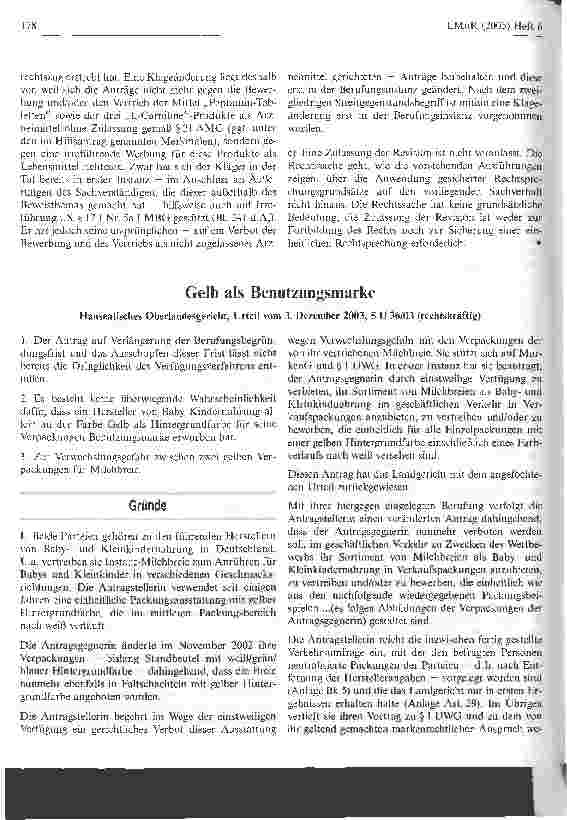 Vorschauseite 1: Gelb als BenutzungsmarkeHanseatisches Oberlandesgericht, Urteil vom 3. Dezember 2003, 5 U 36/03 (rechtskräftig)