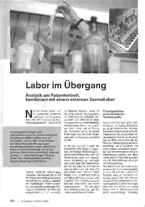 Vorschauseite 1: Labor im ÜbergangAnalytik am Patientenbett, kombiniert mit einem externen Zentrallabor