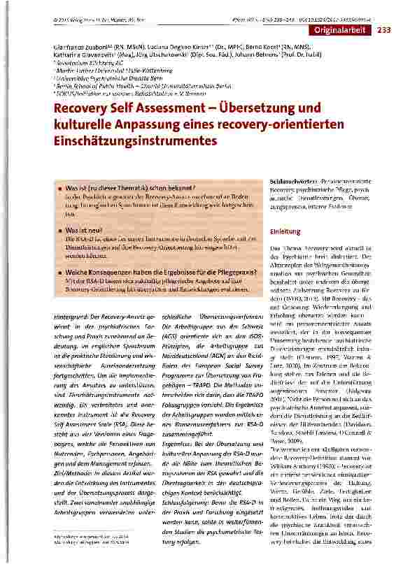 Vorschauseite 1: Recovery Seif Assessment - Übersetzung und kulturelle Anpassung eines recovery-orientierten Einschätzungsinstrumentes