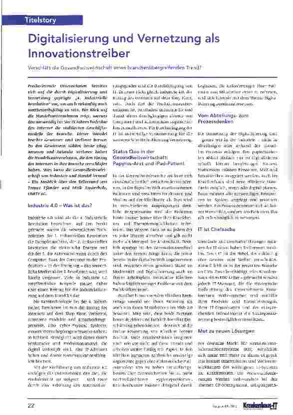 Vorschauseite 1: Digitalisierung und Vernetzung als InnovationstreiberVerschläft die Gesundheitswirtschaft einen branchenübergreifenden Trend?