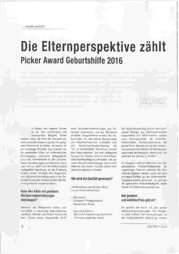 Vorschauseite 1: Die Elternperspektive zählt Picker Award Geburtshilfe 2016