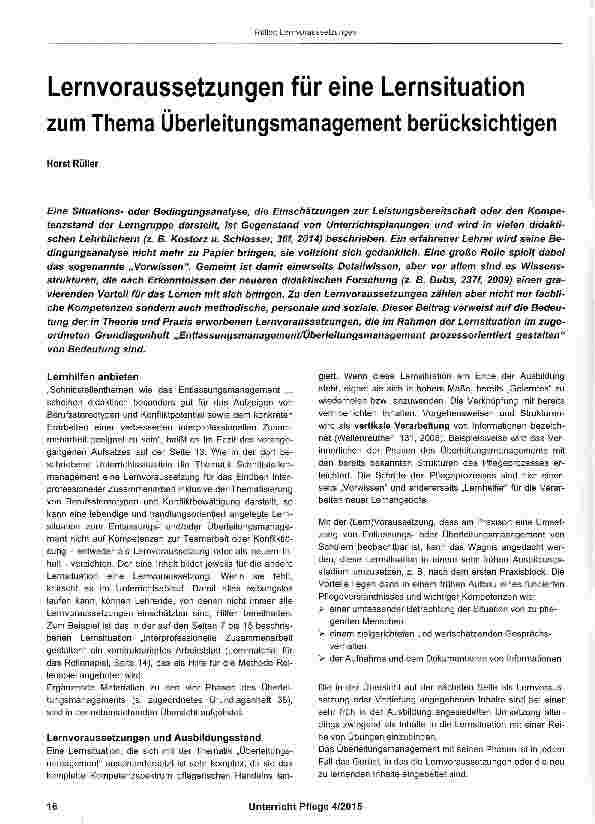 Vorschauseite 1: Lernvoraussetzungen für eine Lernsituation zum Thema Überleitungsmanagement berücksichtigen