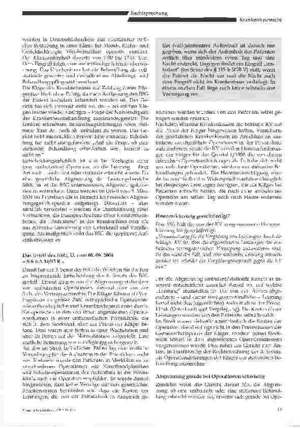Vorschauseite 2: Nochmals: Zur Abgrenzung von stationärer zur ambulanten Behandlung im Krankenhaus- BSG, Urteil vom 08.09.2004 - B 6 KA 14/03 R -