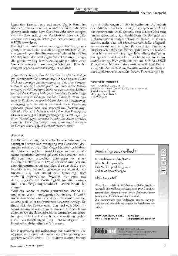Vorschauseite 4: Nochmals: Zur Abgrenzung von stationärer zur ambulanten Behandlung im Krankenhaus- BSG, Urteil vom 08.09.2004 - B 6 KA 14/03 R -