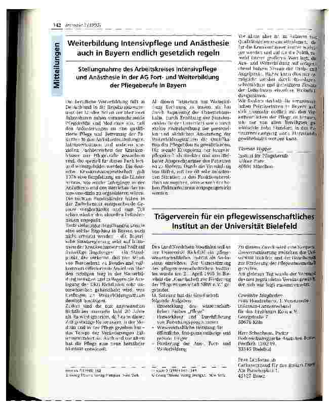 Vorschauseite 1: Weiterbildung Intensivpflege und Anästhesie auch in Bayern endlich gesetzlich regeln Stellungnahme des Arbeitskreises Intensivpflege und Anästhesie in der AG Fortund Weiterbildung…