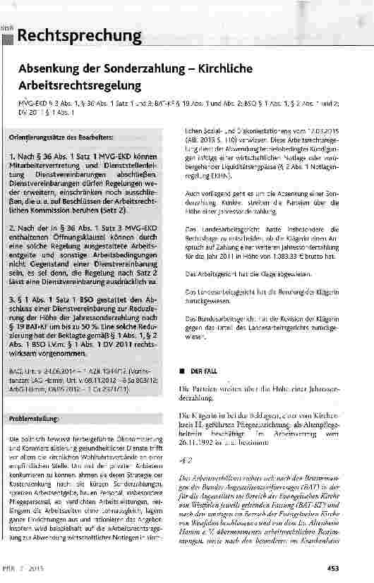 Vorschauseite 1: Absenkung der Sonderzahlung - Kirchliche Arbeitsrechtsregelung
