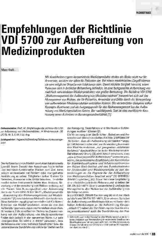 Vorschauseite 1: Empfehlungen der Richtlinie VDI 5700 zur Aufbereitung von Medizinprodukten