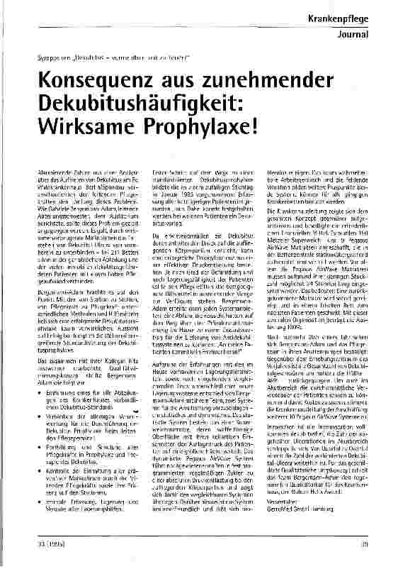 Vorschauseite 1: Konsequenz aus zunehmender Dekubitushäufigkeit. : Krankenpflege