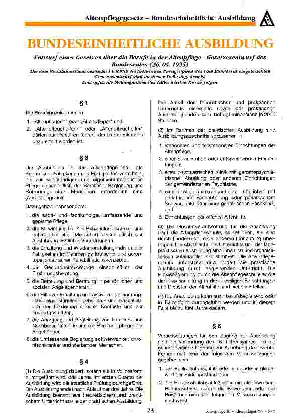 Vorschauseite 1: Bundeseinheitliche Ausbildung Entwurf eines Gesetzes über die Berufe in der Altenpflege - Entwurf des Bundesrates vom 26. 4. 1995