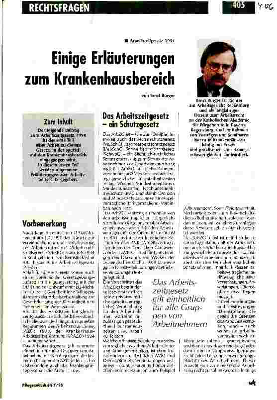 Vorschauseite 1: Einige Erläuterungen zum Krankenhausbereich Arbeitszeitgesetz 1994