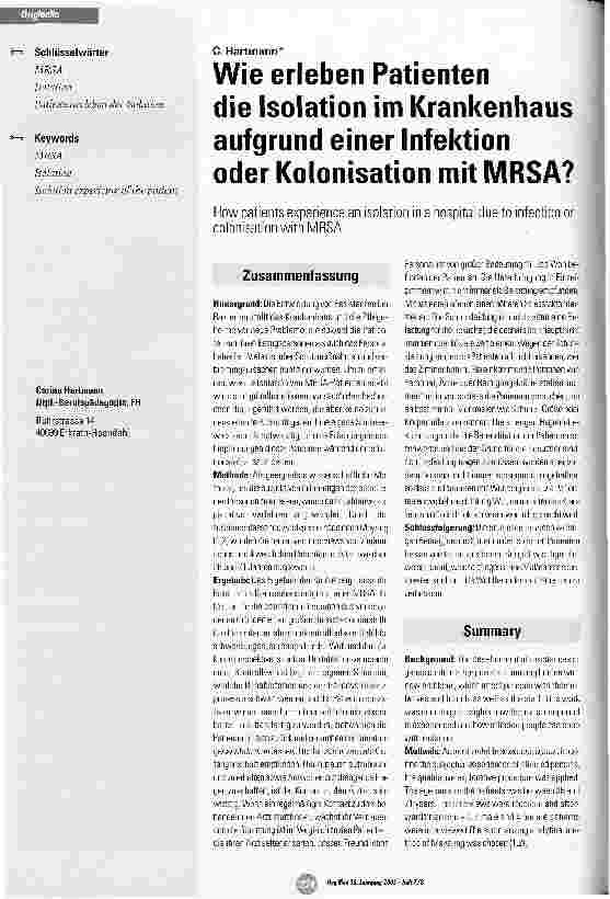 Vorschauseite 1: Wie erleben Patienten die Isolation im Krankenhaus aufgrund einer Infektion oder Kolonisation mit MRSA?