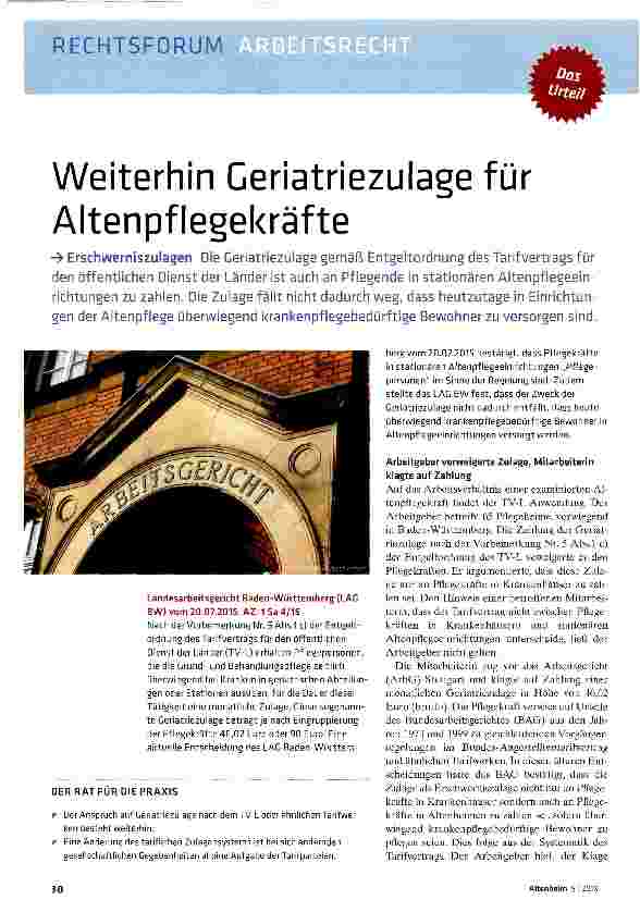 Vorschauseite 1: Weiterhin Ceriatriezulage für Altenpflegekräfte