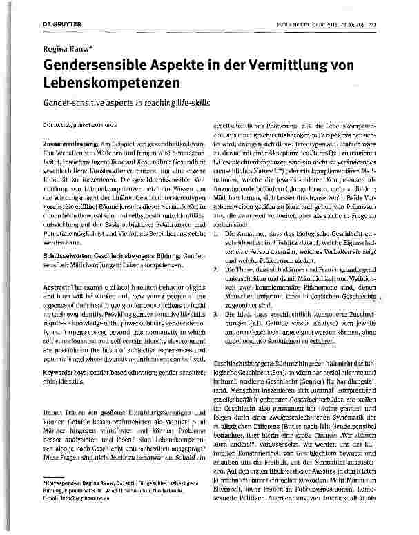 Vorschauseite 1: Gendersensible Aspekte in der Vermittlung von Lebenskompetenzen