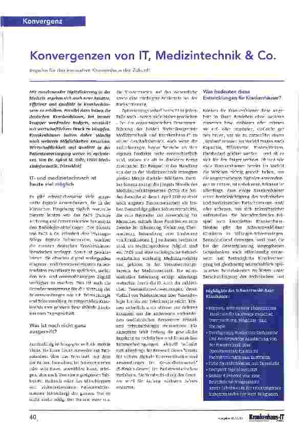 Vorschauseite 1: Konvergenzen von IT, Medizintechnik & Co Impulse für das innovative Krankenhaus der Zukunft