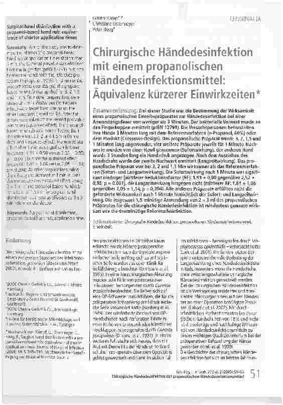 Vorschauseite 1: Chirurgische Händedesinfektion mit einem propanolischen Händedesinfektionsmittel: Äquivalenz kürzerer Einwirkzeiten