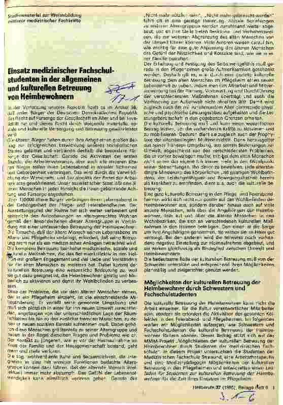 Vorschauseite 1: Einsatz medizinischer Fachschulstudenten in der allgemeinen und kulturellen Betreuung von Heimbewohnern