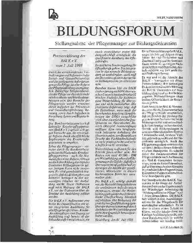 Vorschauseite 1: Stellungnahme der Pflegemanager zur Bildungsdiskussion