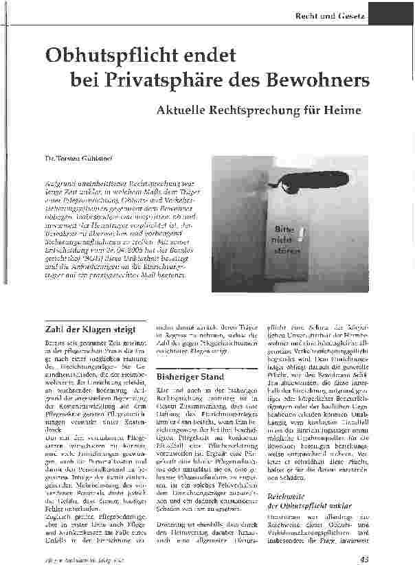 Vorschauseite 1: Obhutspflicht endetbei Privatsphäre des Bewohners