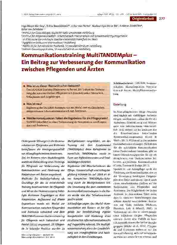 Vorschauseite 1: Kommunikationstraining MultiTANDEMp/us -Ein Beitrag zur Verbesserung der Kommunikation zwischen Pflegenden und Ärzten
