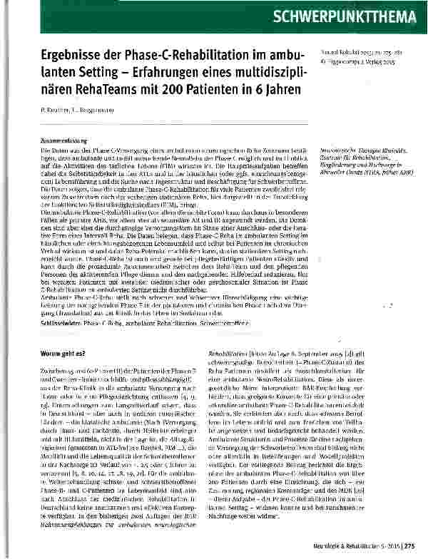 Vorschauseite 1: Ergebnisse der Phase-C-Rehabilitation im ambulanten Setting - Erfahrungen eines multidisziplinären RehaTeams mit 200 Patienten in 6 Jahren