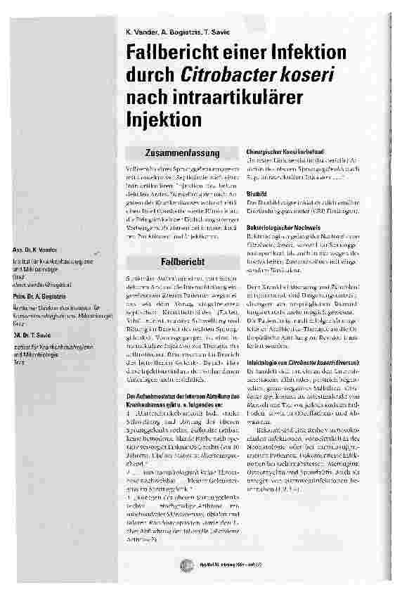 Vorschauseite 1: Fallbericht einer Infektion durch Citrobacter koseri nach intraartikulärer Injektion