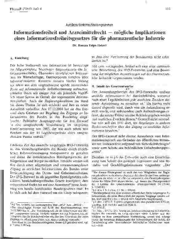 Vorschauseite 1: Informationsfreiheit und Arzneimittelrecht - mögliche Implikationen eines Informationsfreiheitsgesetzes für die pharmazeutische Industrie