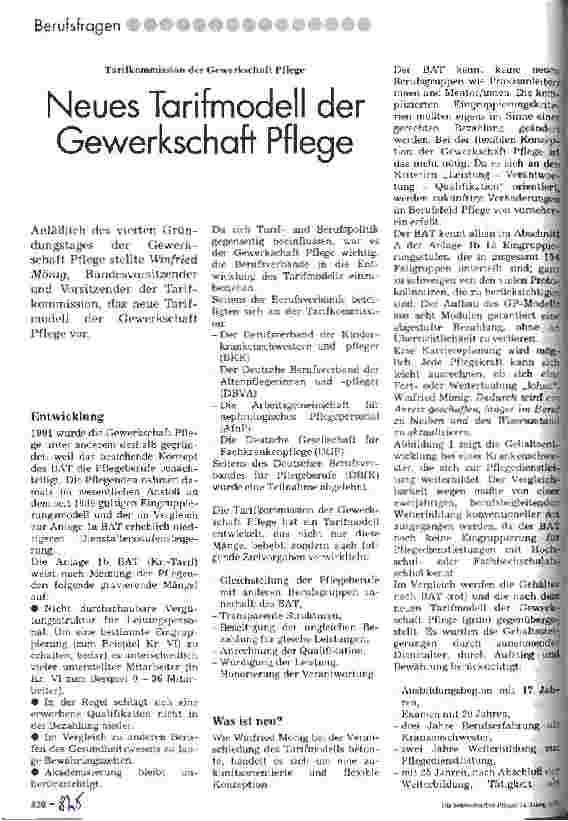 Vorschauseite 1: Neues Tarifmodell der Gewerkschaft Pflege