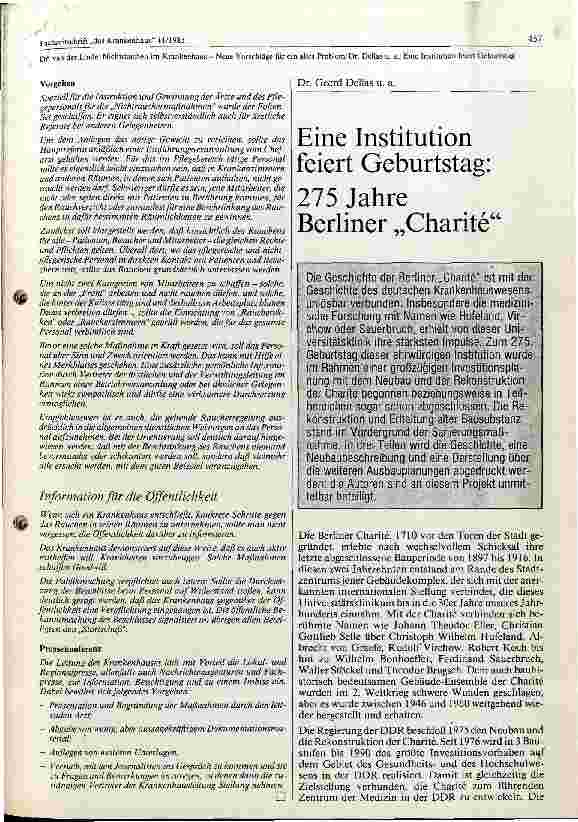 Vorschauseite 1: Eine Institution feiert Geburstag 275 Jahr Berliner Charite