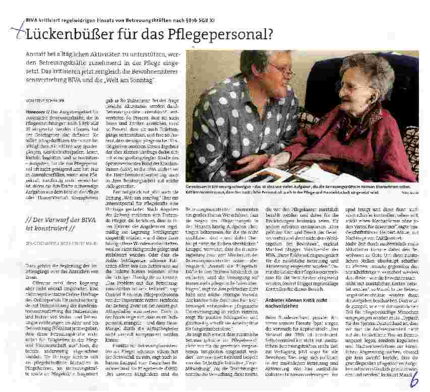 Vorschauseite 1: BIVA kritisiert regelwidrigen Einsatz von Betreuungskräften nach §8yb SGB XI Lückenbüßer für das Pflegepersonal?