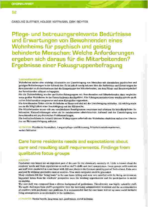 Vorschauseite 1: Pflegeund betreuungsrelevante Bedürfnisse und Erwartungen von Bewohnenden eines Wohnheims für psychisch und geistig behinderte Menschen: Welche Anforderungen ergeben sich daraus f…