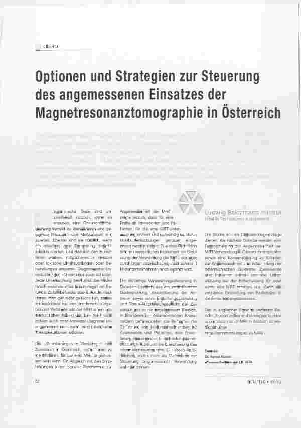 Vorschauseite 1: Optionen und Strategien zur Steuerung des angemessenen Einsatzes der Magnetresonanztomographie in Österreich