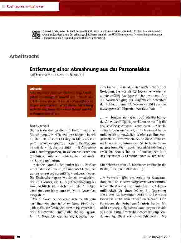 Vorschauseite 1: Entfernung einer Abmahnung aus der Personalakte LAG Mainz vom 11. 12. 2014(5 Sa 406/14)