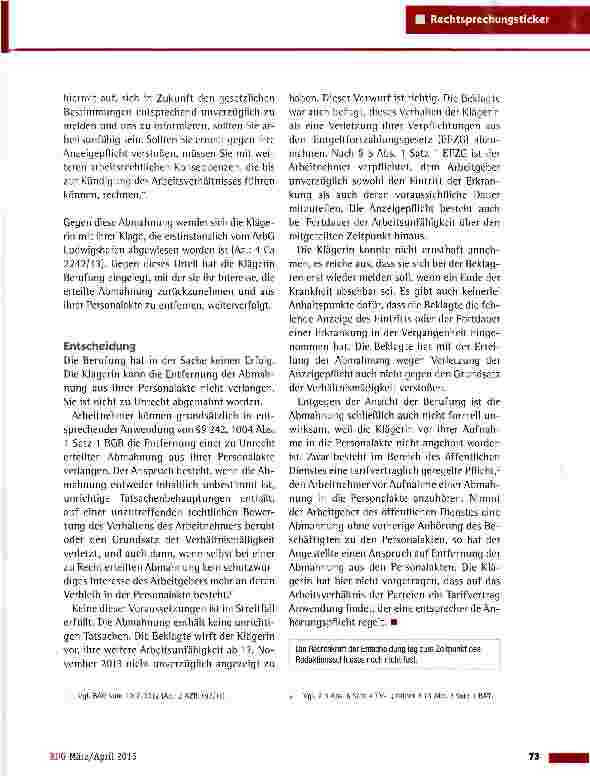 Vorschauseite 2: Entfernung einer Abmahnung aus der Personalakte LAG Mainz vom 11. 12. 2014(5 Sa 406/14)