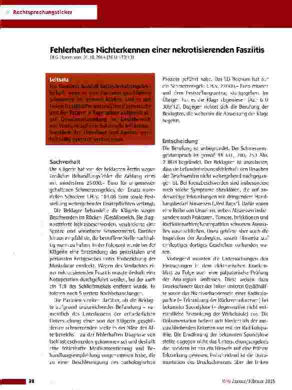 Vorschauseite 1: Fehlerhaftes Nichterkennen einer nekrotisierenden Fasziitis OLG Hamm vom 31.10.2014(261) 173/13)