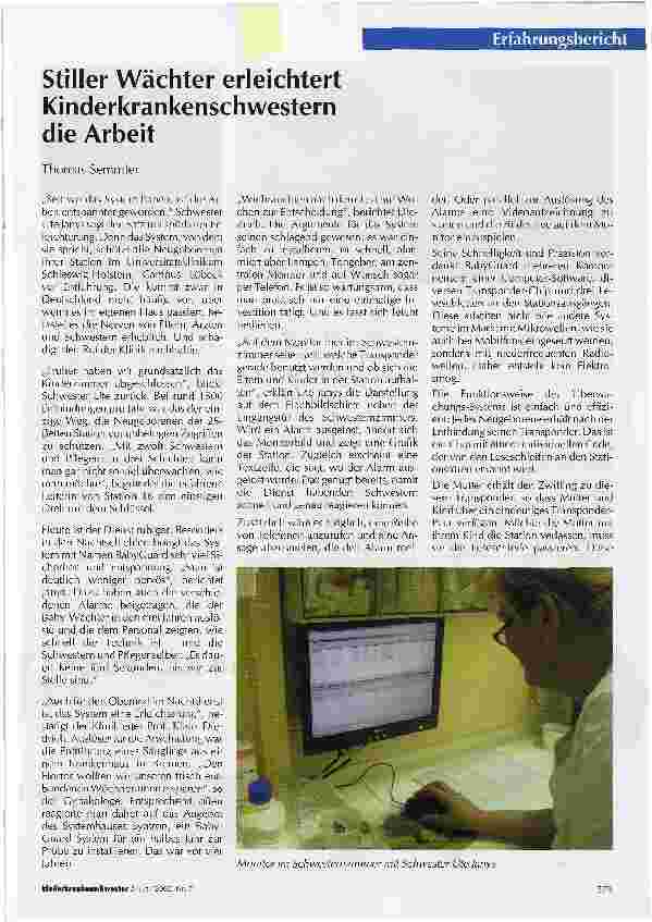 Vorschauseite 1: Stiller Wächter erleichtert Kinderkrankenschwestern die Arbeit