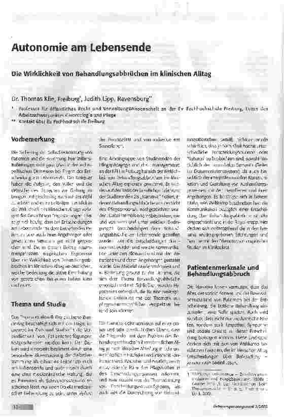 Vorschauseite 1: Autonomie am LebensendeDie Wirklichkeit von Behandlungsabbrüchen im klinischen Alltag