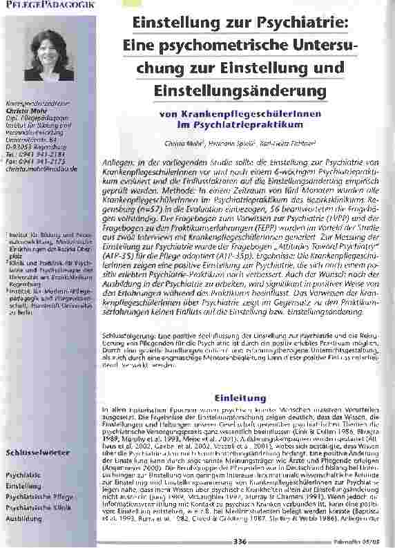 Vorschauseite 1: Einstellung zur Psychiatrie: Eine psychometrische Untersuchung zur Einstellung und Einstellungsänderung